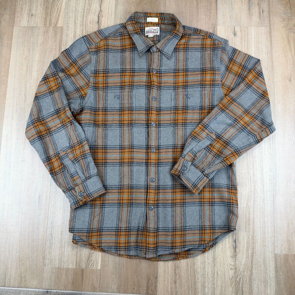 J.Crew Men's Large L Mid Weight Flannel Double Brushed Gray Orange Plaid Shirt